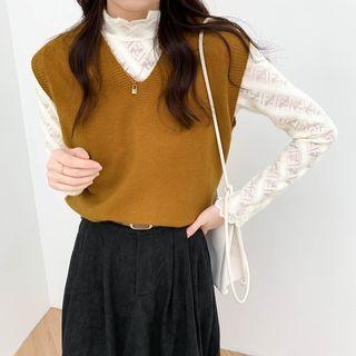 V-neck Plain Oversize Vest / Mock-neck Plain Lace Top