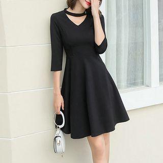 3/4-sleeve A-line Mini Dress With Choker