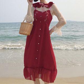 Lace Blouse / Spaghetti-strap Embroidered Dress