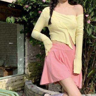 Long-sleeve Off-shoulder Asymmetrical Crop Top / Mini A-line Skirt