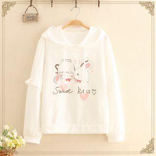 Heart Detail Rabbit Print Hoodie White - One Size
