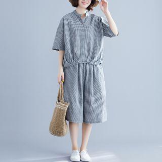 Set: Elbow-sleeve Plaid Shirt + Wide-leg Pants