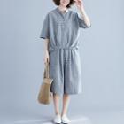 Set: Elbow-sleeve Plaid Shirt + Wide-leg Pants