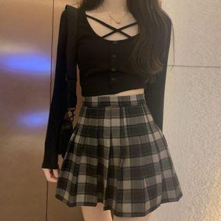 Long-sleeve Button-up Crop Top / Plaid Pleated Mini A-line Skirt