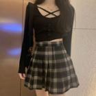 Long-sleeve Button-up Crop Top / Plaid Pleated Mini A-line Skirt