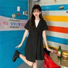 Short-sleeve Double-breasted Mini A-line Dress Black - One Size