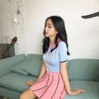 Set: Color Block Knitted Short-sleeve Polo Shirt + Striped A-line Knit Skirt
