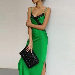 Spaghetti Strap V-neck Lace-trim Slit Midi Dress