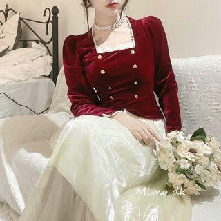 Long-sleeve Double-breasted Midi A-line Mesh Dress