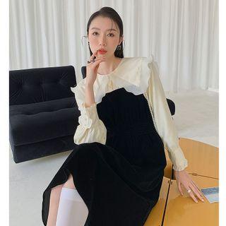 Mock Two-piece Puff-sleeve Ruffle Collar Midi Dress