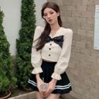 Long-sleeve Bow Top / Cropped Accordion Pleat Skirt