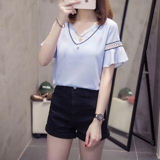 Crochet Panel Short-sleeve V-neck Blouse