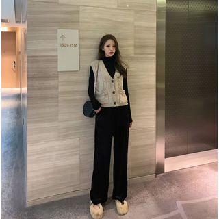 Mock-turtleneck Long-sleeve T-shirt / Velvet Wide Leg Pants / V-neck Buttoned Knit Vest