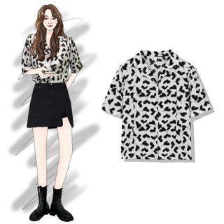Short-sleeve Heart Print Shirt Black & White - One Size
