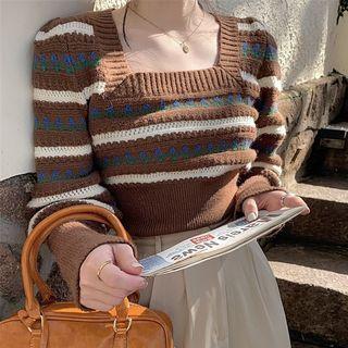 Floral Print Striped Cropped Sweater
