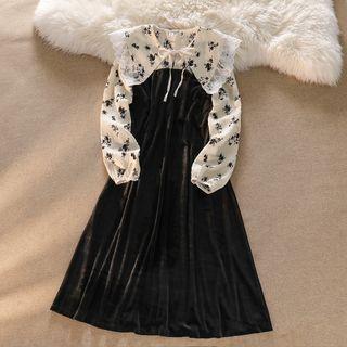 Long-sleeve Collared Mock Two-piece Midi A-line Dress Black - One Size