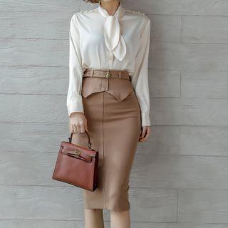 Set: Long-sleeve Tie-neck Shirt + Midi Fitted Skirt