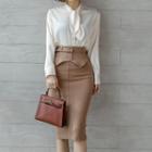 Set: Long-sleeve Tie-neck Shirt + Midi Fitted Skirt