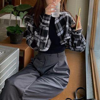 Plaid Crop Shirt / High Waist Wide Leg Dress Pants