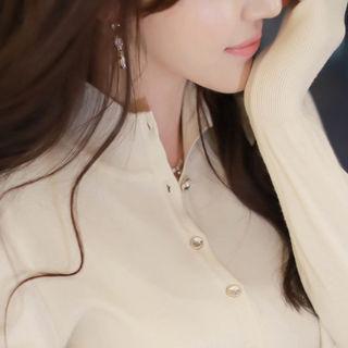 Mock-neck Rhinestone-button Knit Top