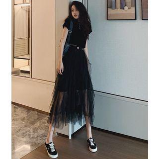 Embroidered Crop Polo Shirt / Mesh A-line Skirt