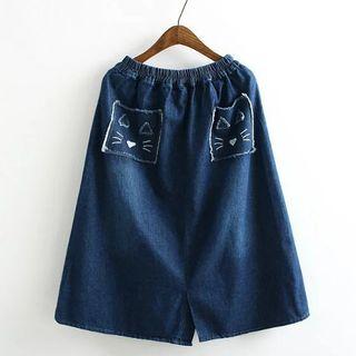 Cat Embroidered Pocket Denim Skirt