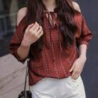 Elbow-sleeve Patterned Cutout Top