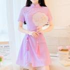 Short-sleeve Eyelet Lace A-line Mini Qipao Dress