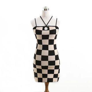 Check Print Halter-neck Bodycon Dress