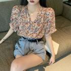 Short-sleeve Floral Print Chiffon Blouse As Shown In Figure - One Size