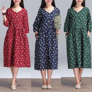Floral Print V-neck Long-sleeve Midi Dress