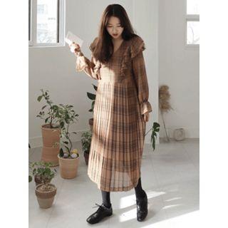 V-neck Frilled-detail Checked Dress