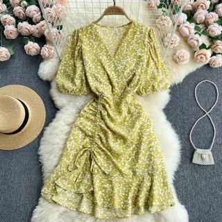 V-neck Puff-sleeve Drawstring Floral Dress