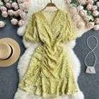 V-neck Puff-sleeve Drawstring Floral Dress
