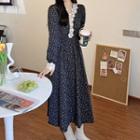 Long-sleeve Floral Print Embroidered Trim Dress