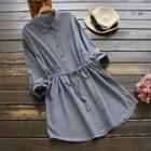 Pinstriped Long-sleeve Shirt Dress Bluish Gray - One Size