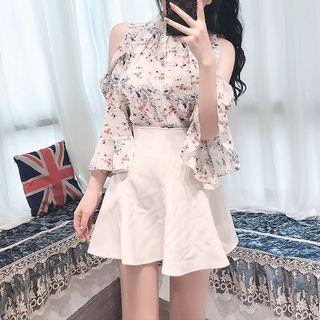 Short-sleeve Floral Top / A-line Skirt