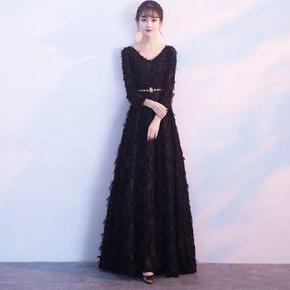 3/4-sleeve Fringed A-line Evening Gown