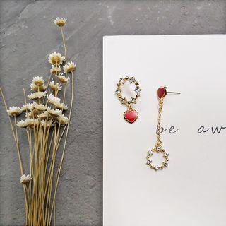 Non-matching Heart & Rhinestone Mini Hoop Drop Earring