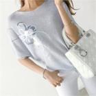 Batwing-sleeve Flower-print Knit Top