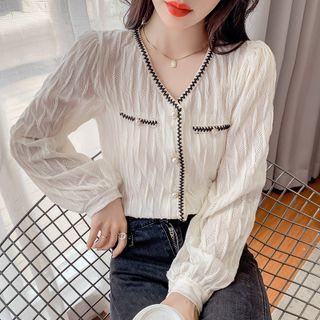 Long-sleeve V-neck Contrast Trim Chiffon Blouse