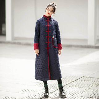 Bird Embroidered Knot Button Padded Long Coat