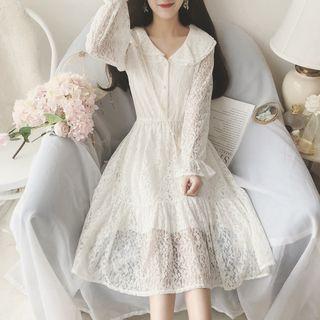Button Long-sleeve Lace Midi A-line Dress