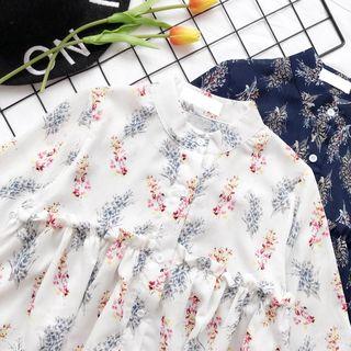Floral Chiffon Loose-fit Frilled Long-sleeve Blouse