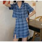 Short-sleeve Plaid Cropped Shirt / Plaid A-line Mini Skirt