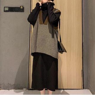 Set: Mock-neck Midi Knit Dress + Sweater Vest