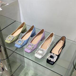 Block Heel Square Toe Rhinestone Pumps