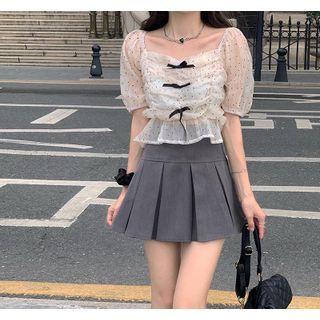 Puff-sleeve Bow Dotted Cropped Blouse Dot - White - One Size