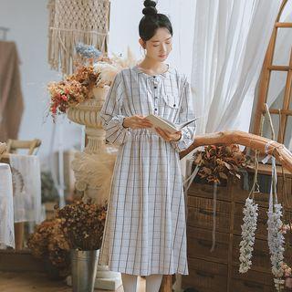 Windowpane Check Long-sleeve A-line Dress