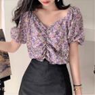 Puff-sleeve Floral Print Shirred Crop Blouse